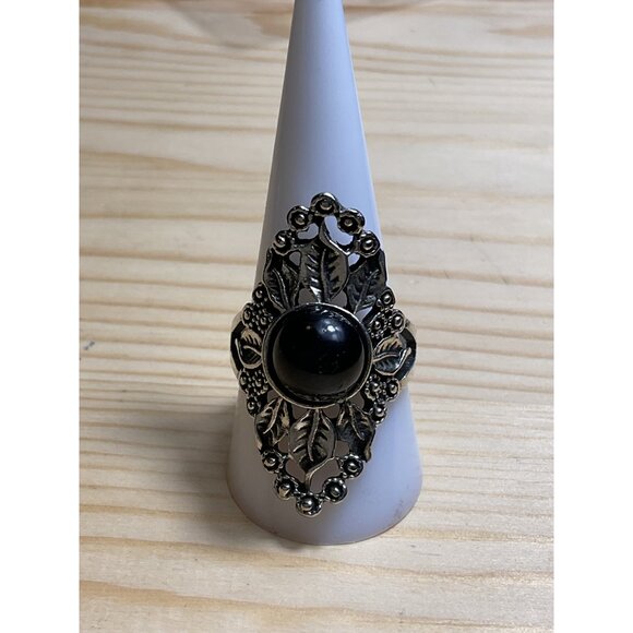 Vintage Silver Ornate Black Onyx Cabochon Cocktail Ring - Picture 1 of 4